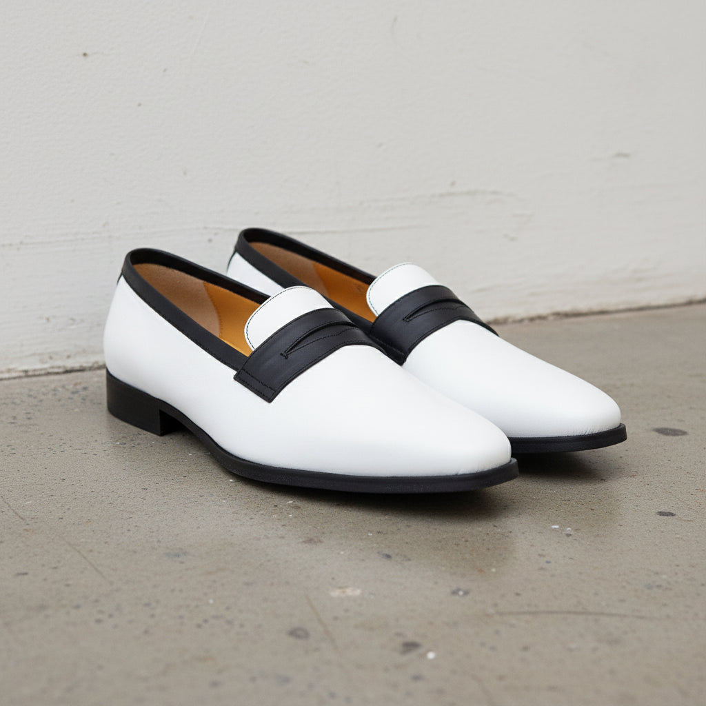 Handmade Men Two Tone Penny Loafer Shoes, Men spectatorleather shoes - angle-view-showing-depth