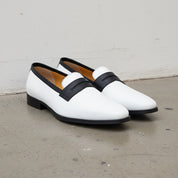 Handmade Men Two Tone Penny Loafer Shoes, Men spectatorleather shoes - angle-view-showing-depth