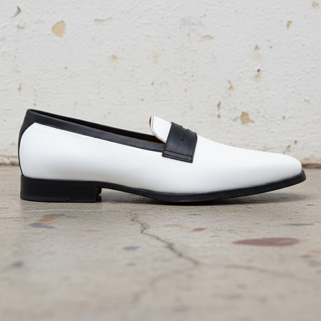 Handmade Men Two Tone Penny Loafer Shoes, Men spectatorleather shoes - detail-view-showing-texture