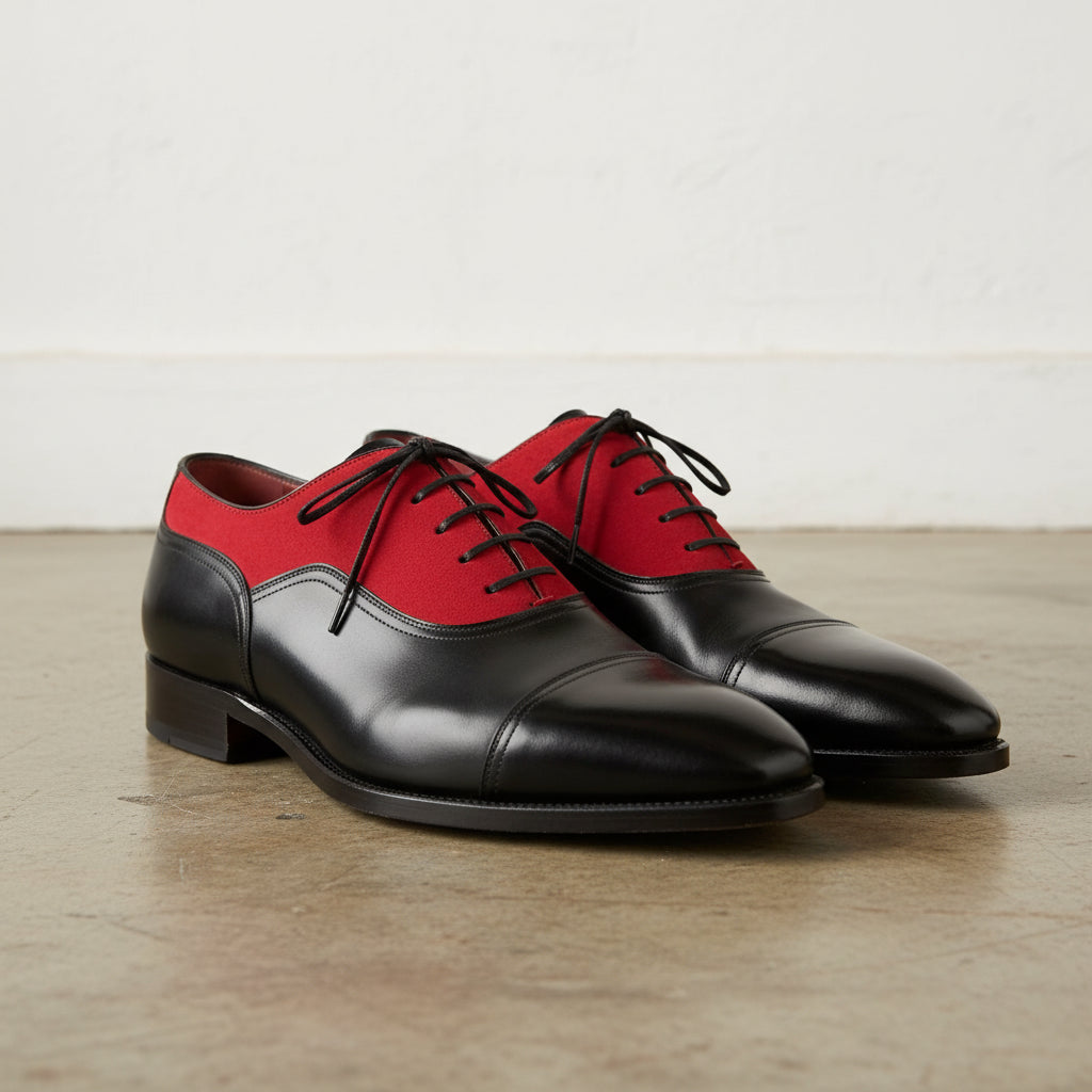 Handmade Men Two Tone Red And Black Formal Shoes, Mens Oxford Dress Shoes, - angle-view-showing-depth