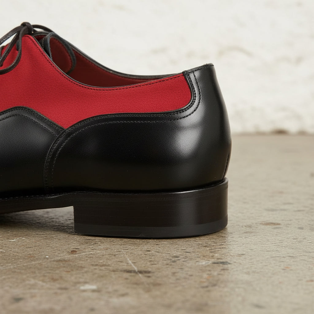 Handmade Men Two Tone Red And Black Formal Shoes, Mens Oxford Dress Shoes, - detail-view-showing-texture