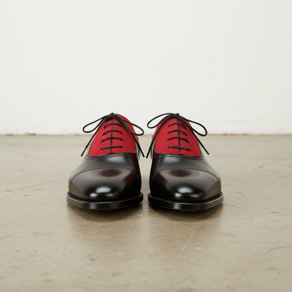Handmade Men Two Tone Red And Black Formal Shoes, Mens Oxford Dress Shoes, - front-view