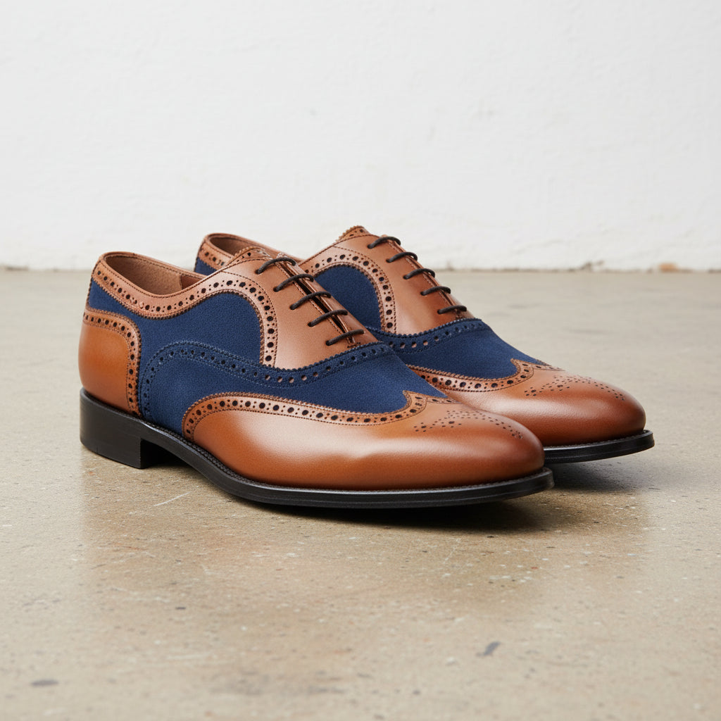 Handmade Men Two Tone Shoes, Suede Leather Shoes, Wingtip Brogue Dress - 3-4-right-view