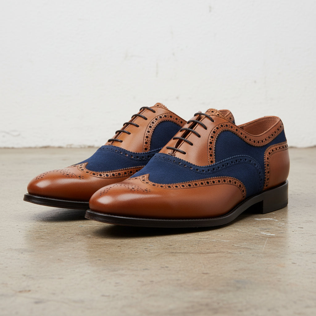 Handmade Men Two Tone Shoes, Suede Leather Shoes, Wingtip Brogue Dress - front-view