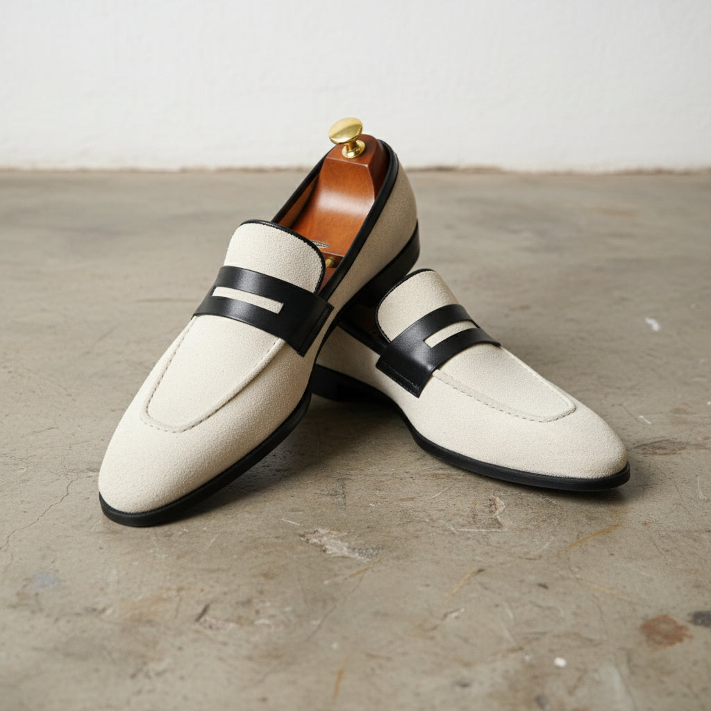 Handmade Men two tone Suede Loafer moccasins, Men white suede driving shoes - angle-view-showing-depth