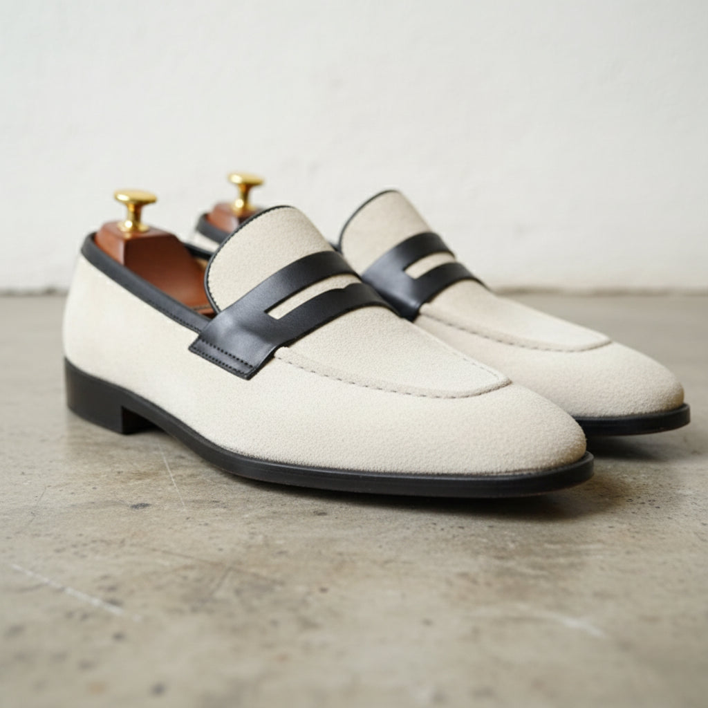 Handmade Men two tone Suede Loafer moccasins, Men white suede driving shoes - detail-view-showing-texture