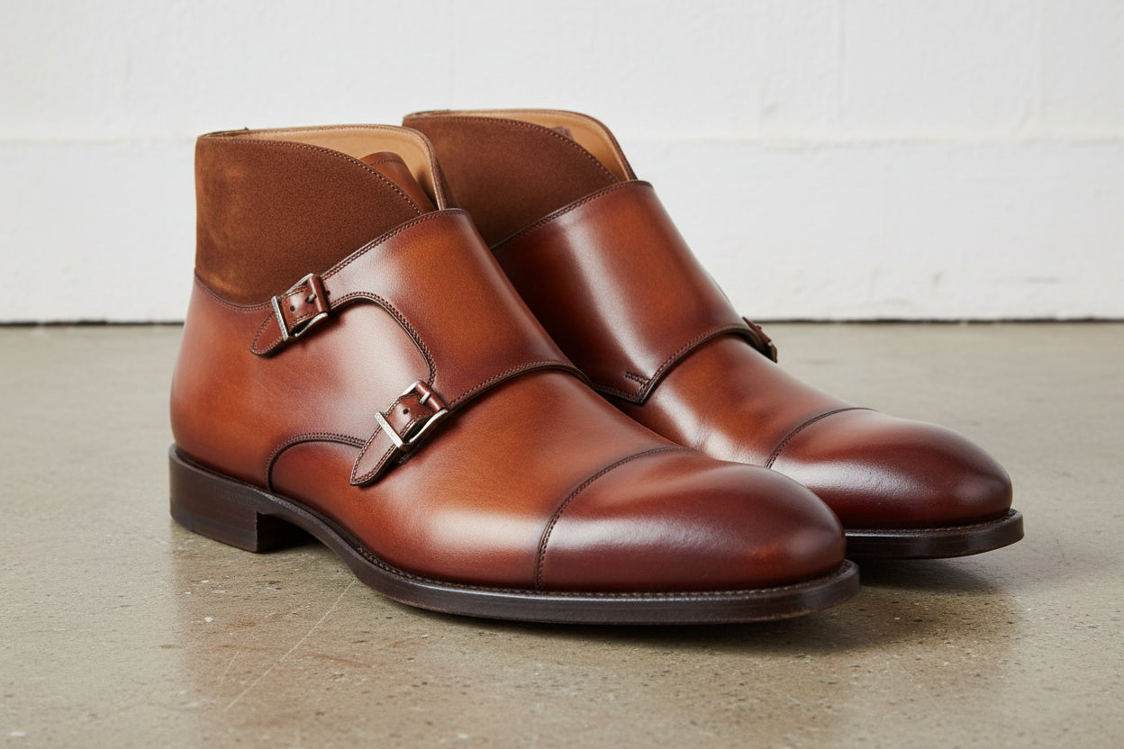 Handmade Men Two Tone Wing Tip Chukka Boots, Double Monk Leather Boots - angle-view-showing-depth