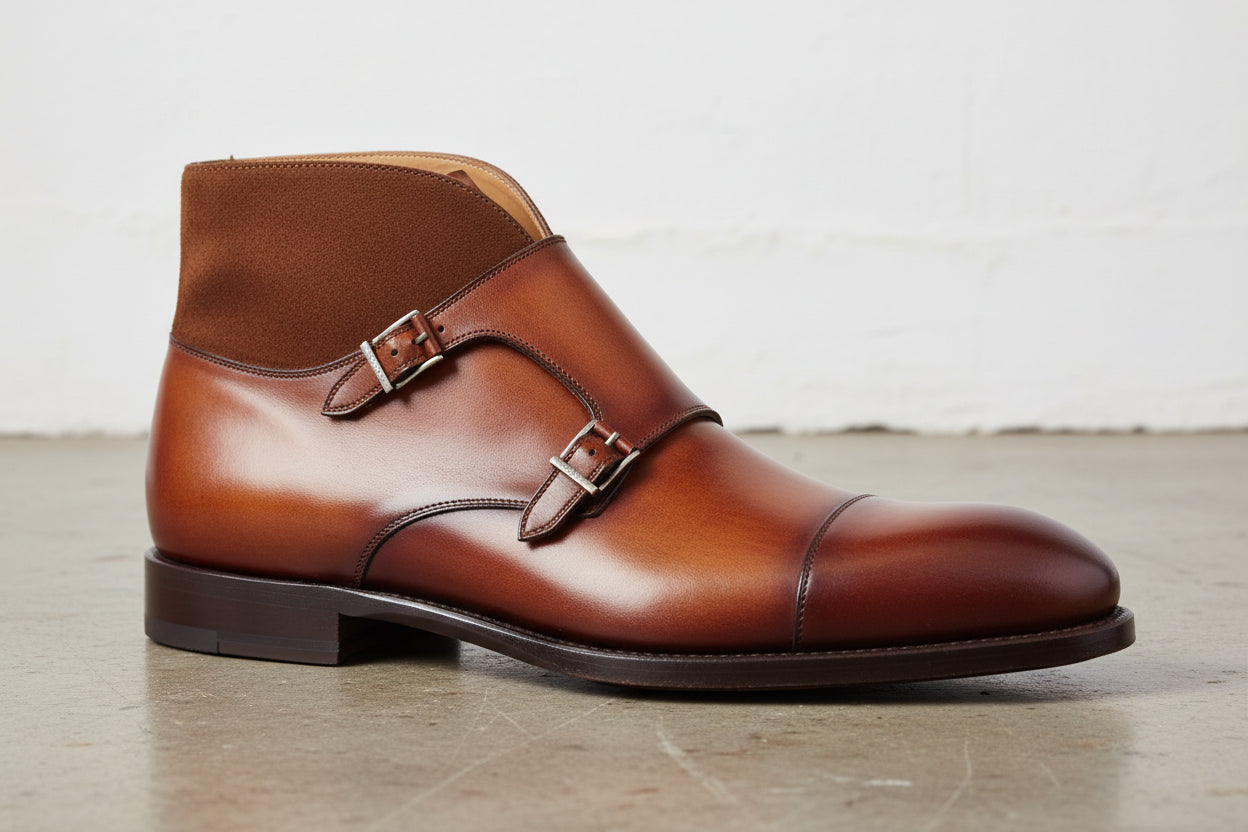 Handmade Men Two Tone Wing Tip Chukka Boots, Double Monk Leather Boots - detail-view-showing-texture