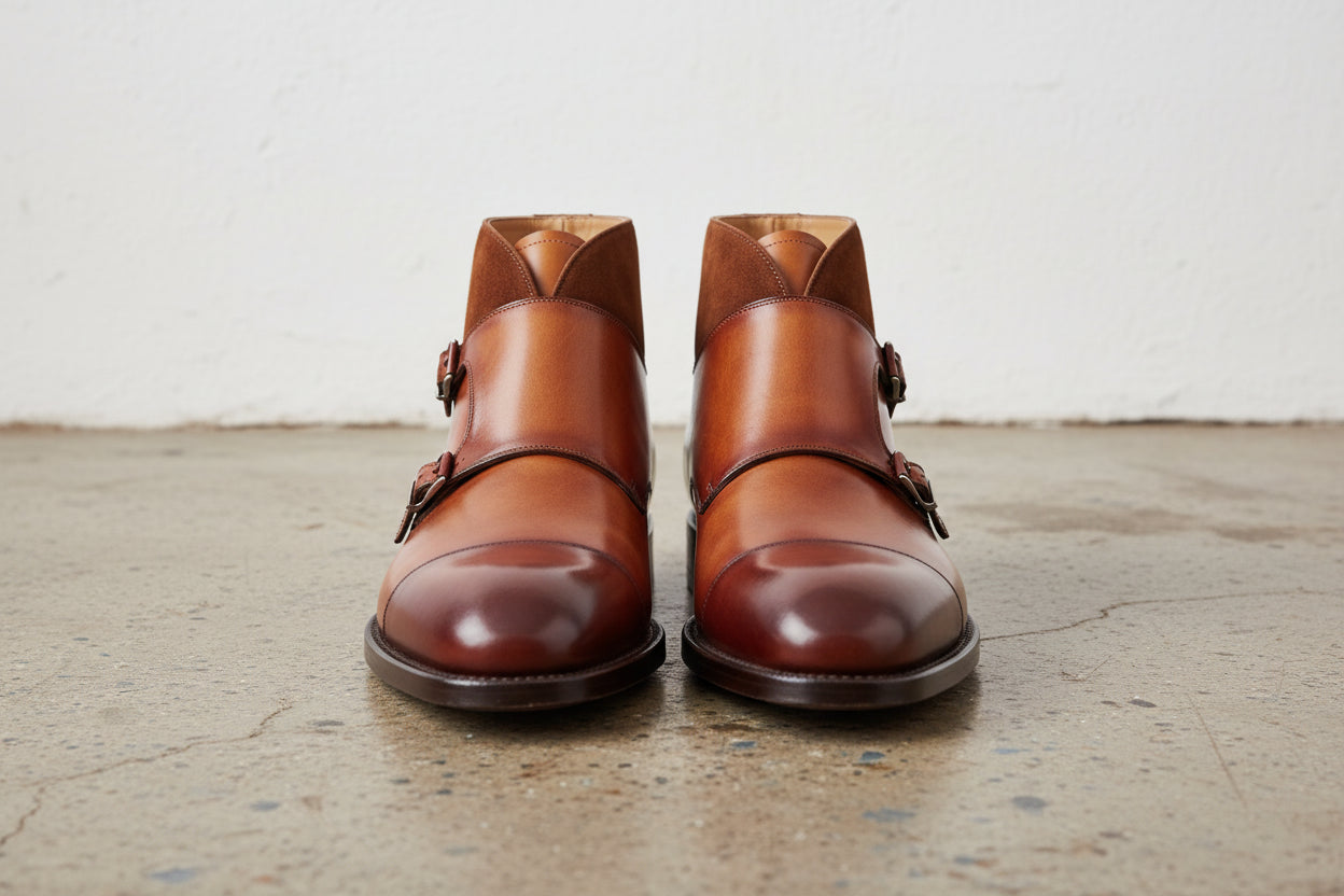 Handmade Men Two Tone Wing Tip Chukka Boots, Double Monk Leather Boots - front-view