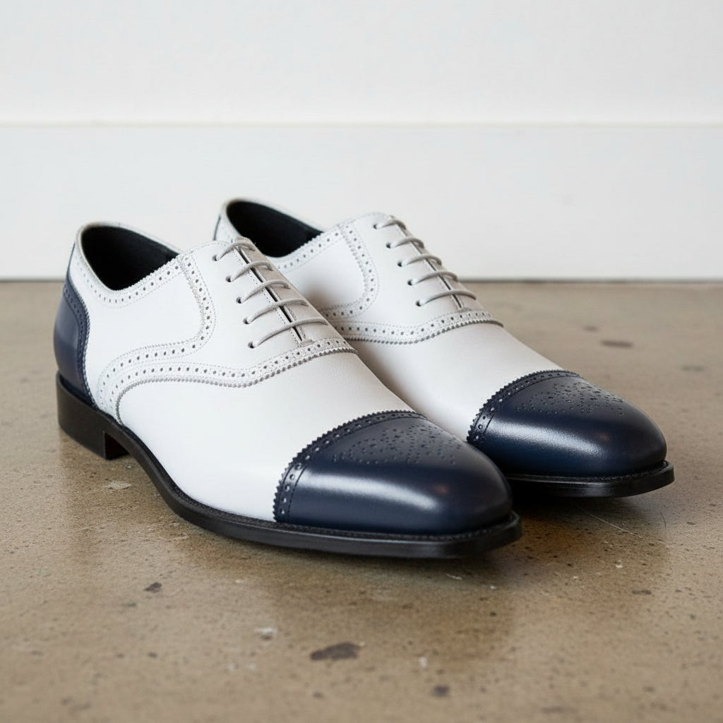Handmade Men White and Navy blue Leather Brogue Dress Shoes, Oxford Shoes - angle-view-showing-depth
