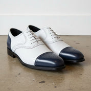 Handmade Men White and Navy blue Leather Brogue Dress Shoes, Oxford Shoes - angle-view-showing-depth
