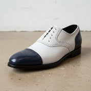 Handmade Men White and Navy blue Leather Brogue Dress Shoes, Oxford Shoes - detail-view-showing-texture