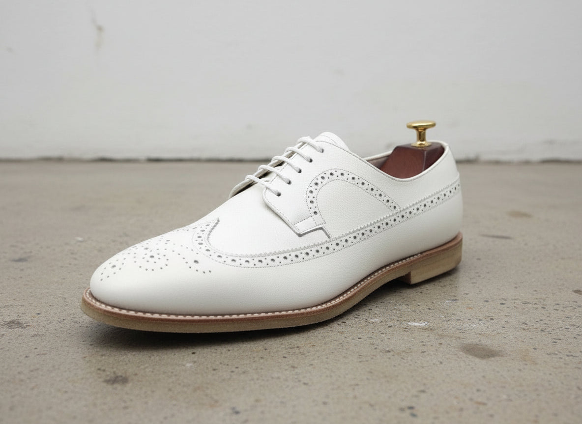 Handmade Men White brogue Dress shoes, Men white crepe sole formal shoes - detail-view-showing-texture