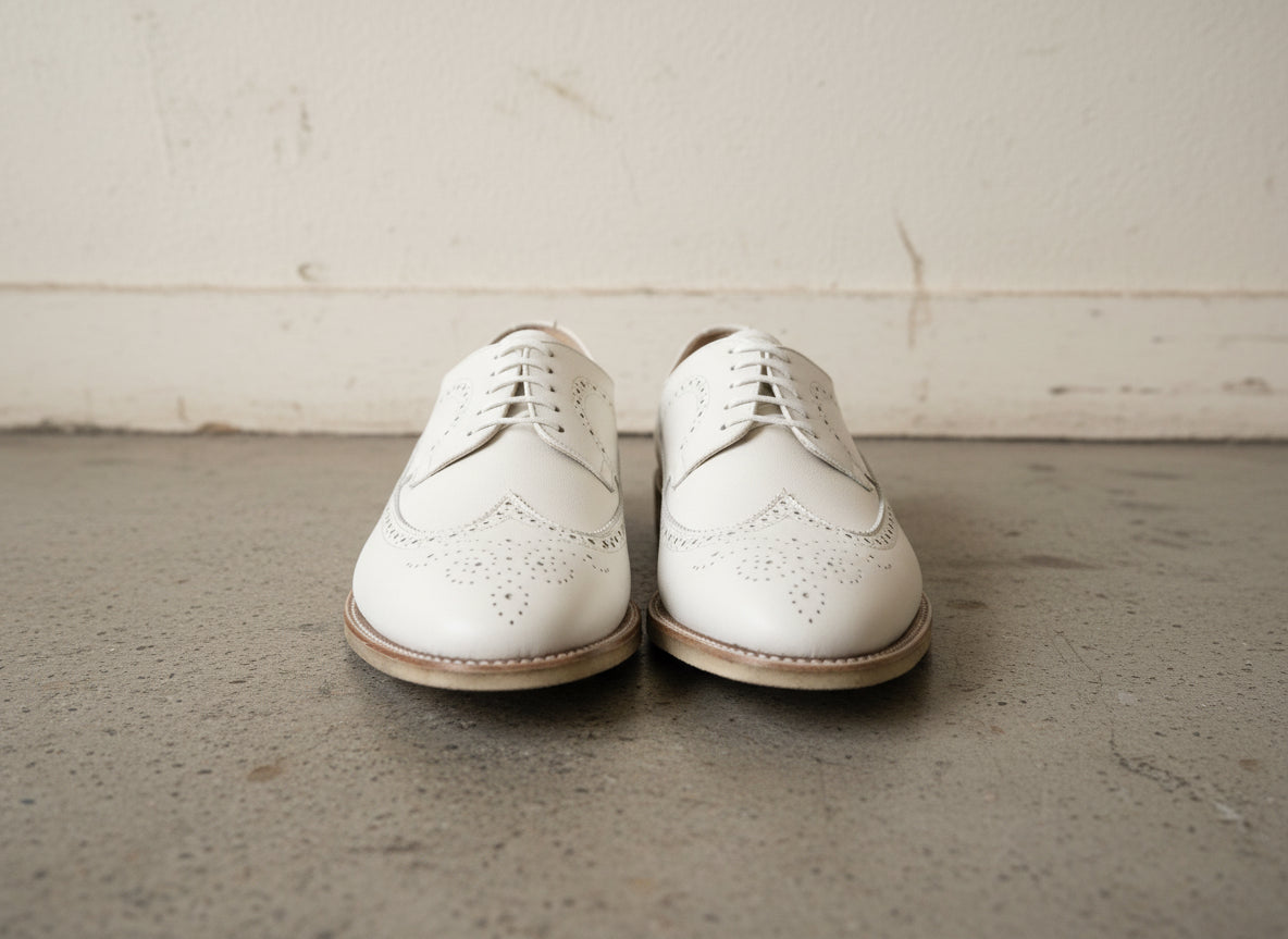 Handmade Men White brogue Dress shoes, Men white crepe sole formal shoes - front-view