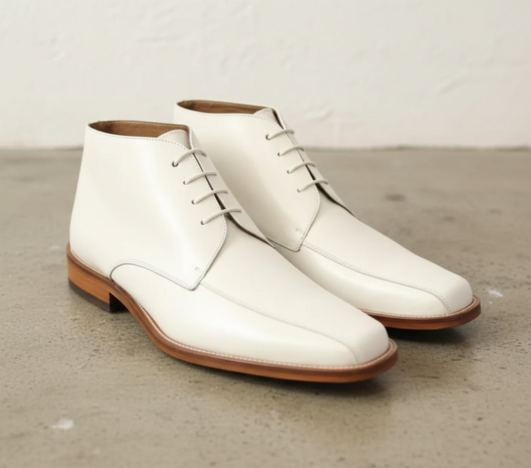 Handmade Men White leather Chukka Boots, Men Square Toe lace up dress boots - angle-view-showing-depth