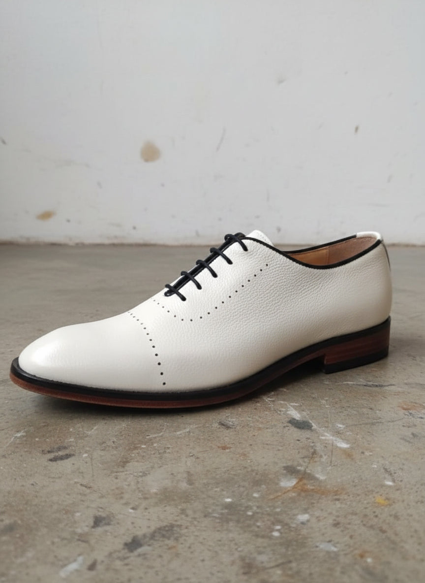 Handmade Men White Party Shoes, White Leather Formal Shoes, Shoes - detail-view-showing-texture