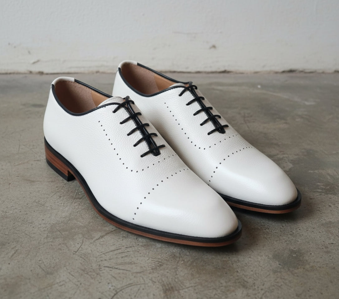 Handmade Men White Party Shoes, White Leather Formal Shoes, Shoes - front-view