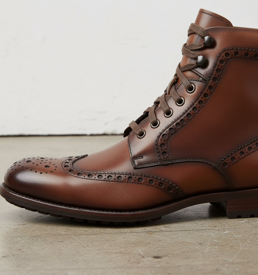 Handmade Men Wing Tip Brogue Lace Up Boot, Brown Ankle Leather Boot - detail-view-showing-texture