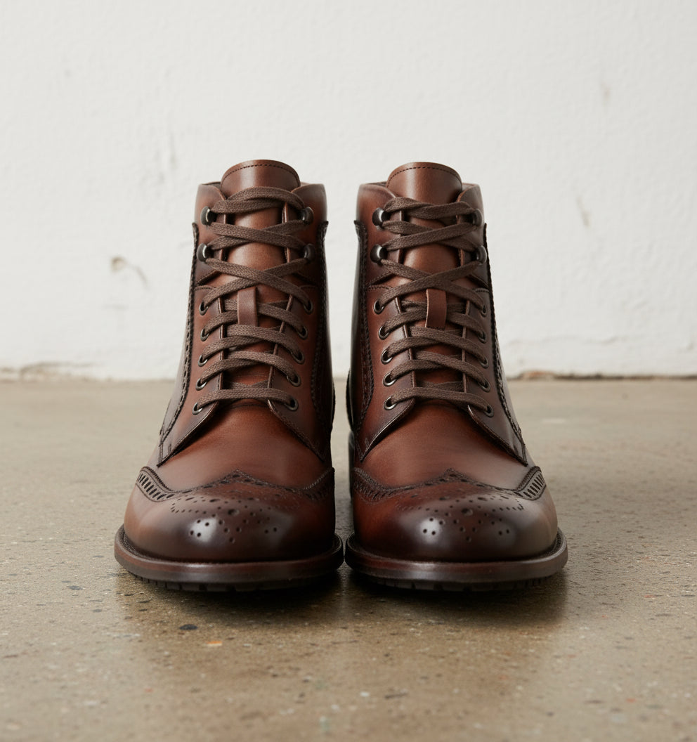 Handmade Men Wing Tip Brogue Lace Up Boot, Brown Ankle Leather Boot - front-view