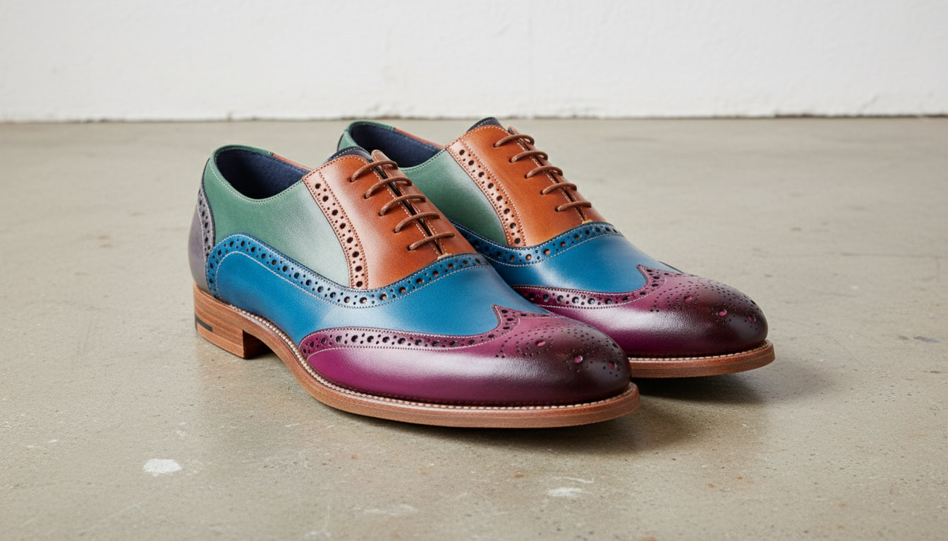 Handmade Men Wing tip brogue multi colors party Shoes, Men dress shoes - angle-view-showing-depth