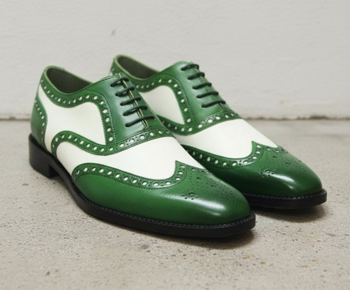 Handmade Men Wing tip brogue two tone dress shoes, Men green and white shoe - angle-view-showing-depth