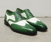 Handmade Men Wing tip brogue two tone dress shoes, Men green and white shoe - angle-view-showing-depth