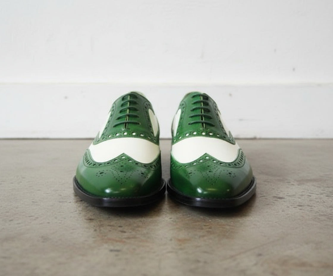 Handmade Men Wing tip brogue two tone dress shoes, Men green and white shoe - front-view