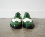Handmade Men Wing tip brogue two tone dress shoes, Men green and white shoe - front-view