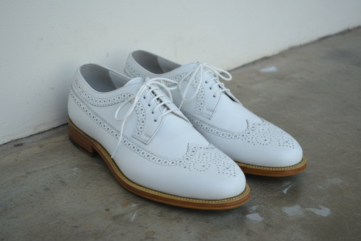 Handmade men wing tip brogue white shoes, Men white dress shoes - angle-view-showing-depth