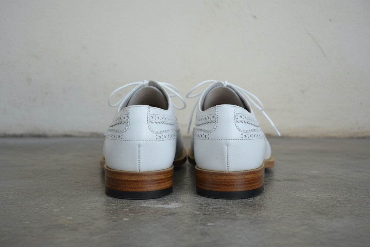 Handmade men wing tip brogue white shoes, Men white dress shoes - back-view