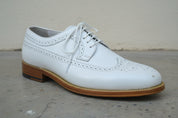 Handmade men wing tip brogue white shoes, Men white dress shoes - detail-view-showing-texture