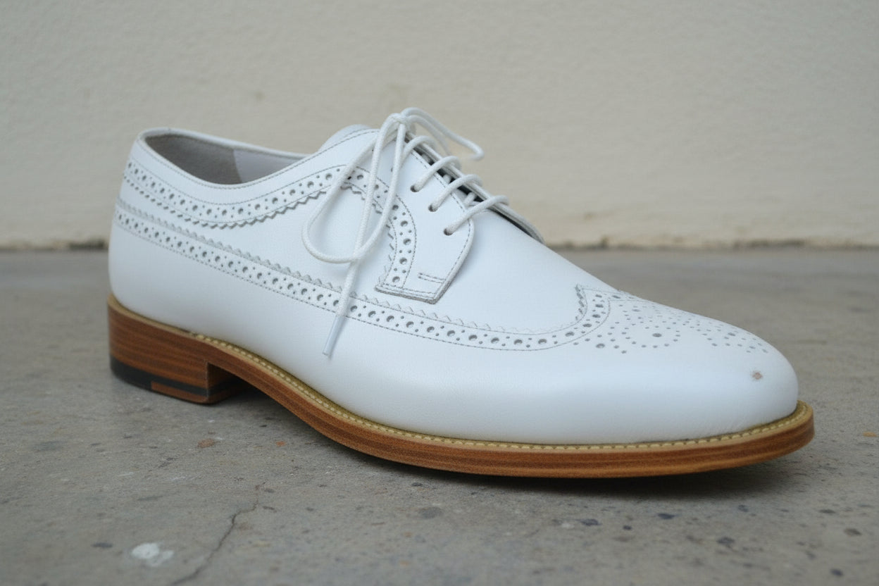 Handmade men wing tip brogue white shoes, Men white dress shoes - detail-view-showing-texture