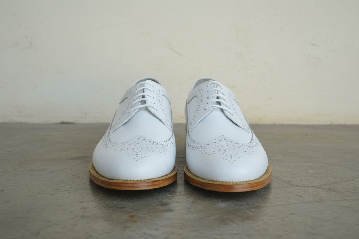 Handmade men wing tip brogue white shoes, Men white dress shoes - front-view