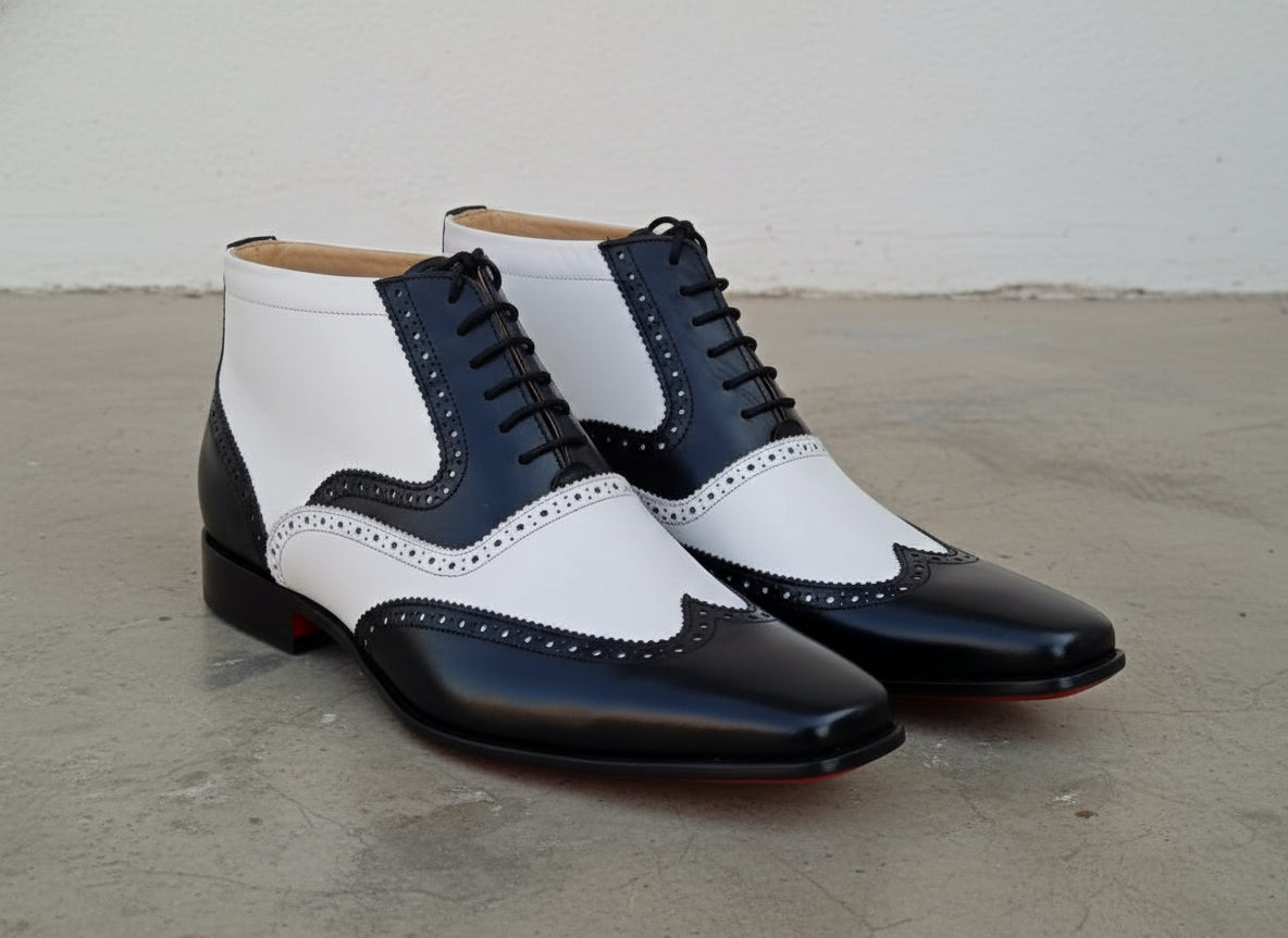 Handmade Men wingtip brogue ankle dress Boot, Two tone Chukka boot - 3-4-right-view