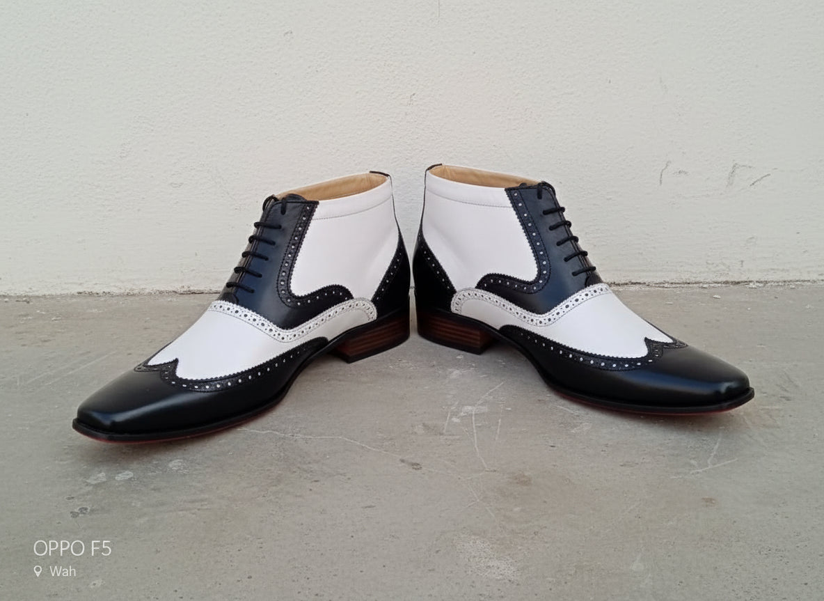 Handmade Men wingtip brogue ankle dress Boot, Two tone Chukka boot - angle-view-showing-depth