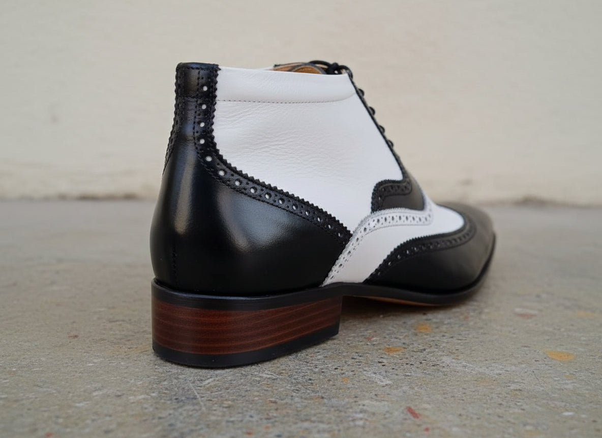 Handmade Men wingtip brogue ankle dress Boot, Two tone Chukka boot - detail-view-showing-texture