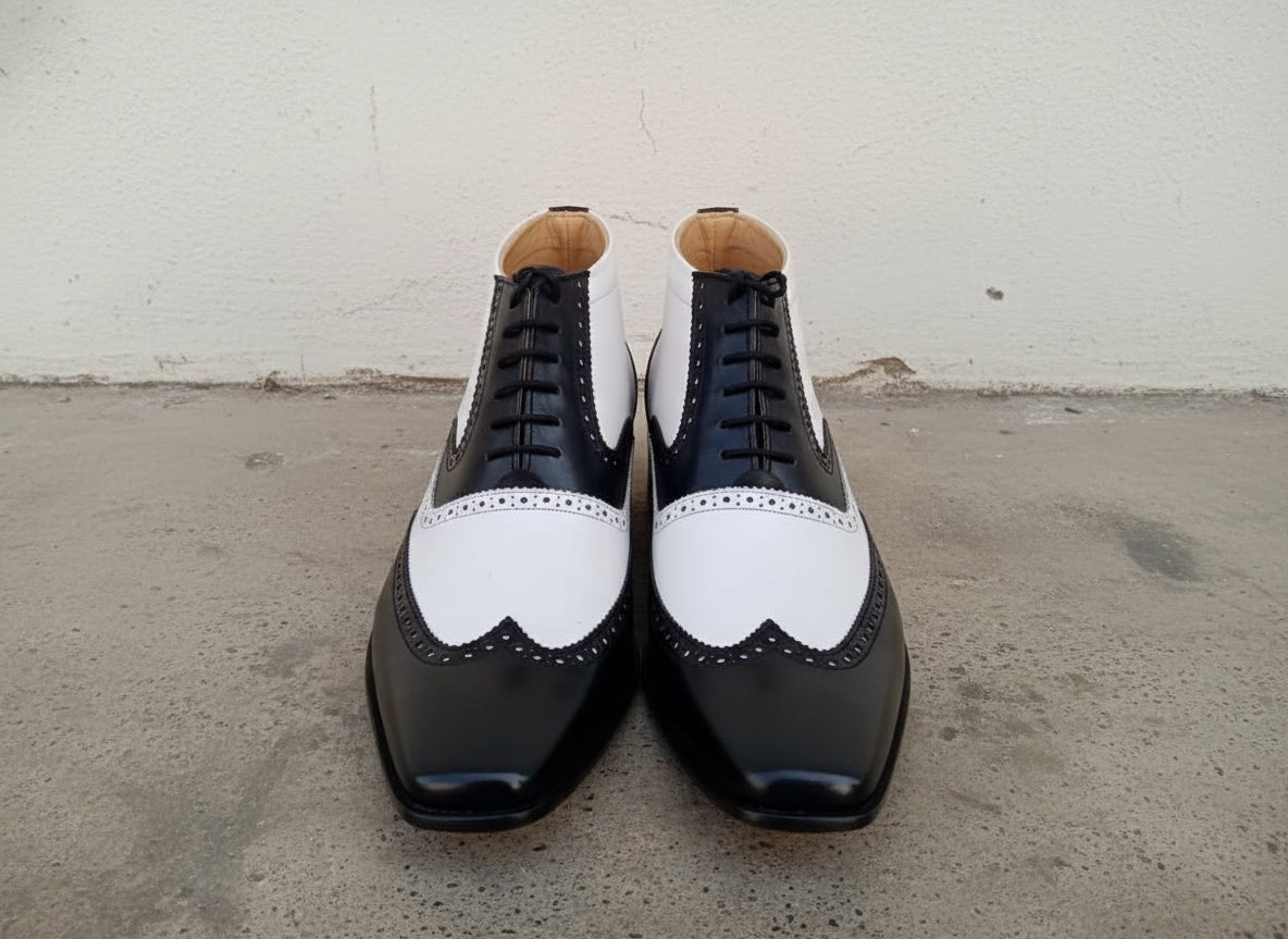 Handmade Men wingtip brogue ankle dress Boot, Two tone Chukka boot - front-view