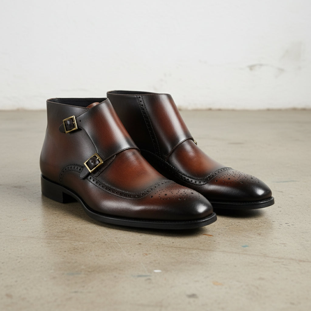 Handmade Men Wingtip Brogue Double Monk Chukka Boots, New Leather Boots - 3-4-right-view