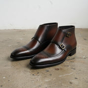 Handmade Men Wingtip Brogue Double Monk Chukka Boots, New Leather Boots - angle-view-showing-depth