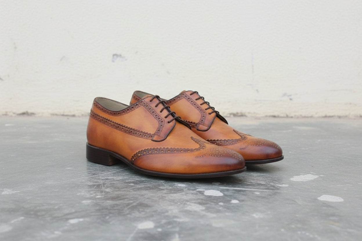 Handmade Men Wingtip Brogue Formal Shoes, Tan Color Wingtip Dress Shoes - 3-4-right-view