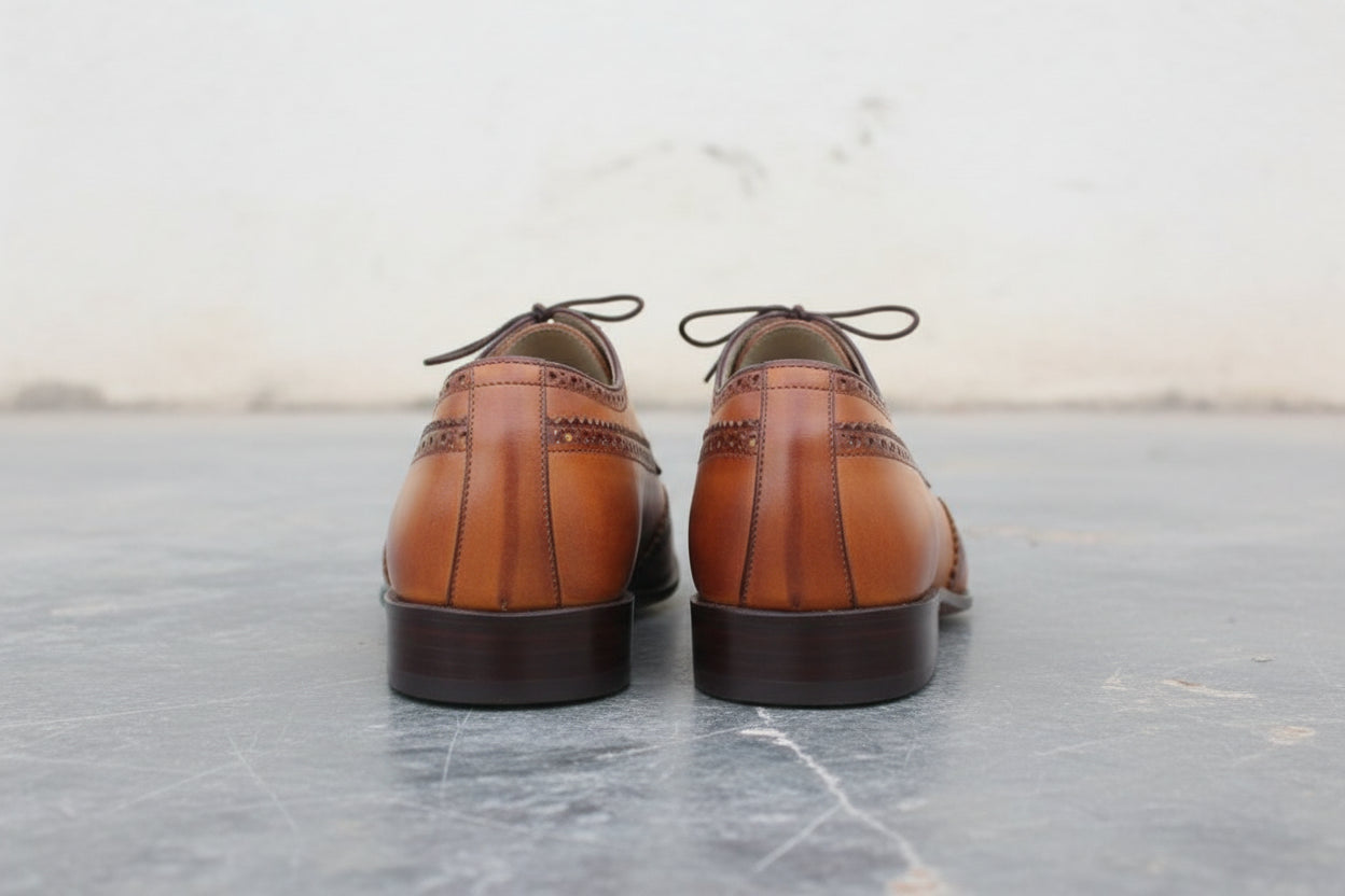 Handmade Men Wingtip Brogue Formal Shoes, Tan Color Wingtip Dress Shoes - back-view
