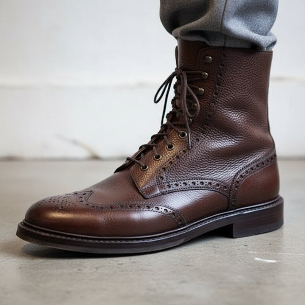 Handmade Men Wingtip Brogue Lace up Boot, Boot Combat Boot - detail-view-showing-texture
