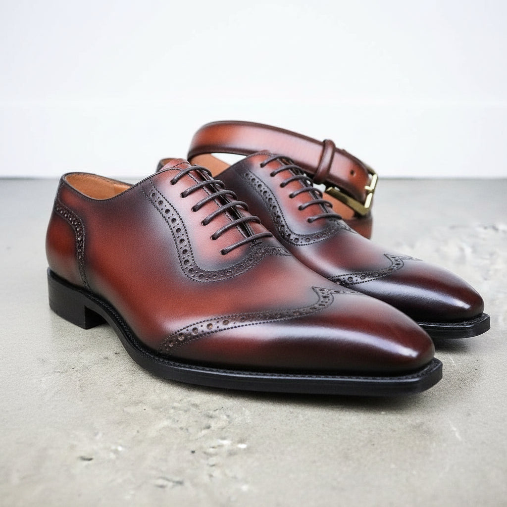 Handmade Men Wingtip Dark Burgundy Formal Shoes - Wing Tip Dress Shoes