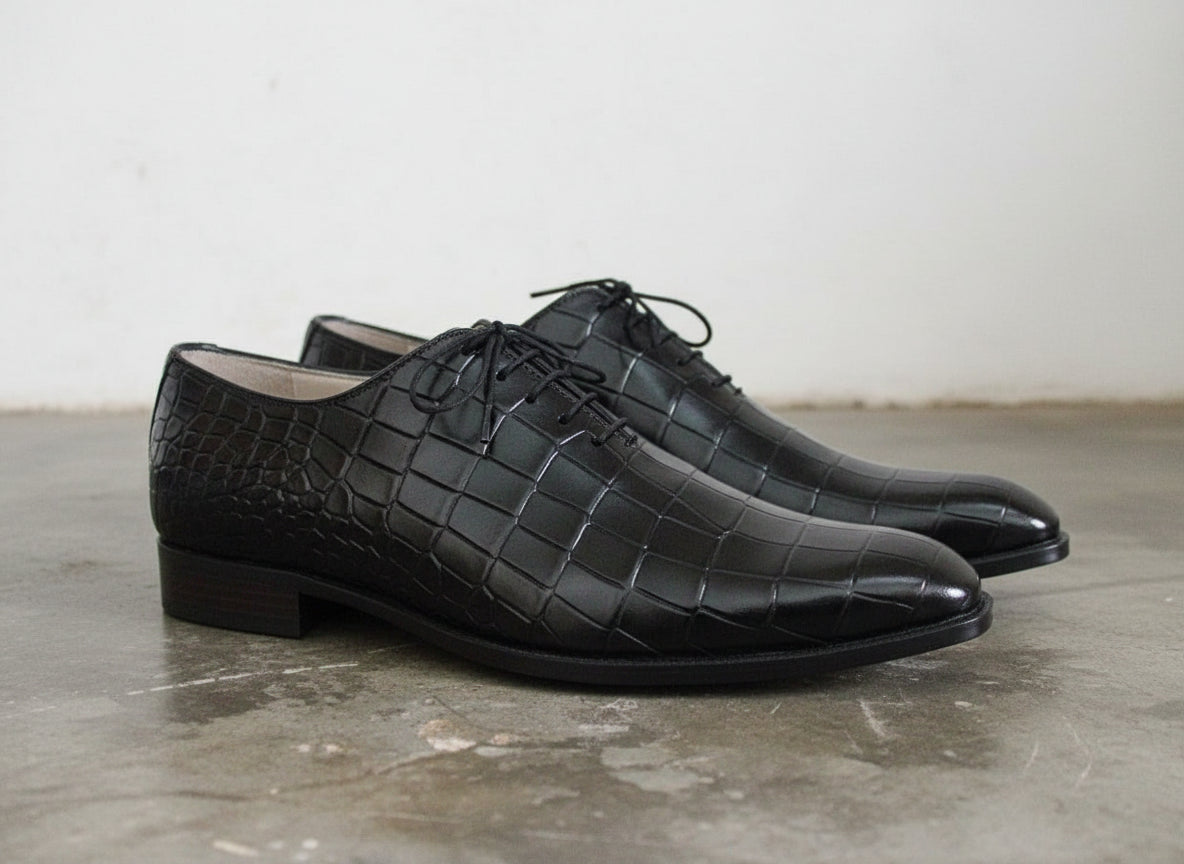 Handmade Mens Alligator Leather Dress shoes, black Crocodile shoes For mens - angle-view-showing-depth
