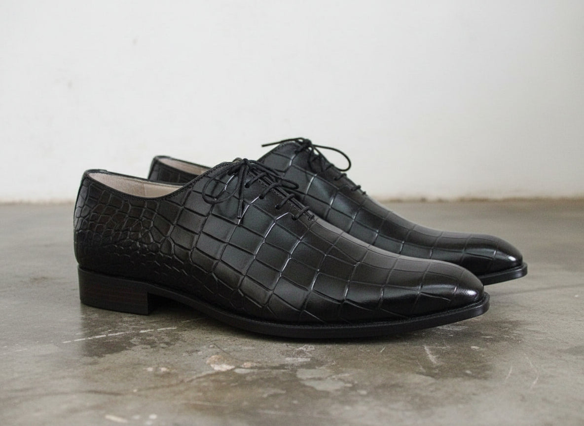 Handmade Mens Alligator Leather Dress shoes, black Crocodile shoes For mens - angle-view-showing-depth