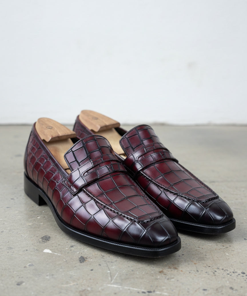 Handmade Mens Alligators shoes, crocodile embossed Leather moccasins - angle-view-showing-depth