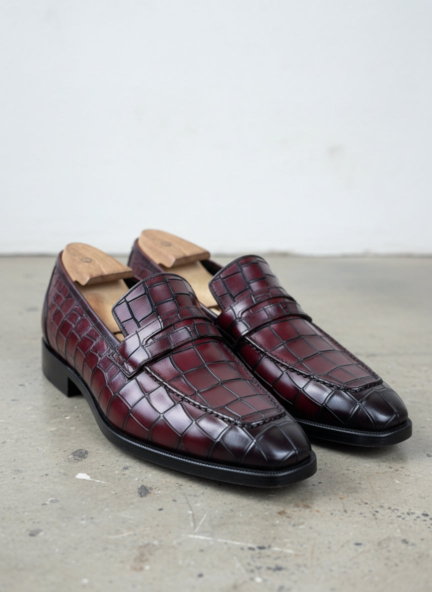 Handmade Mens Alligators shoes, crocodile embossed Leather moccasins - angle-view-showing-depth