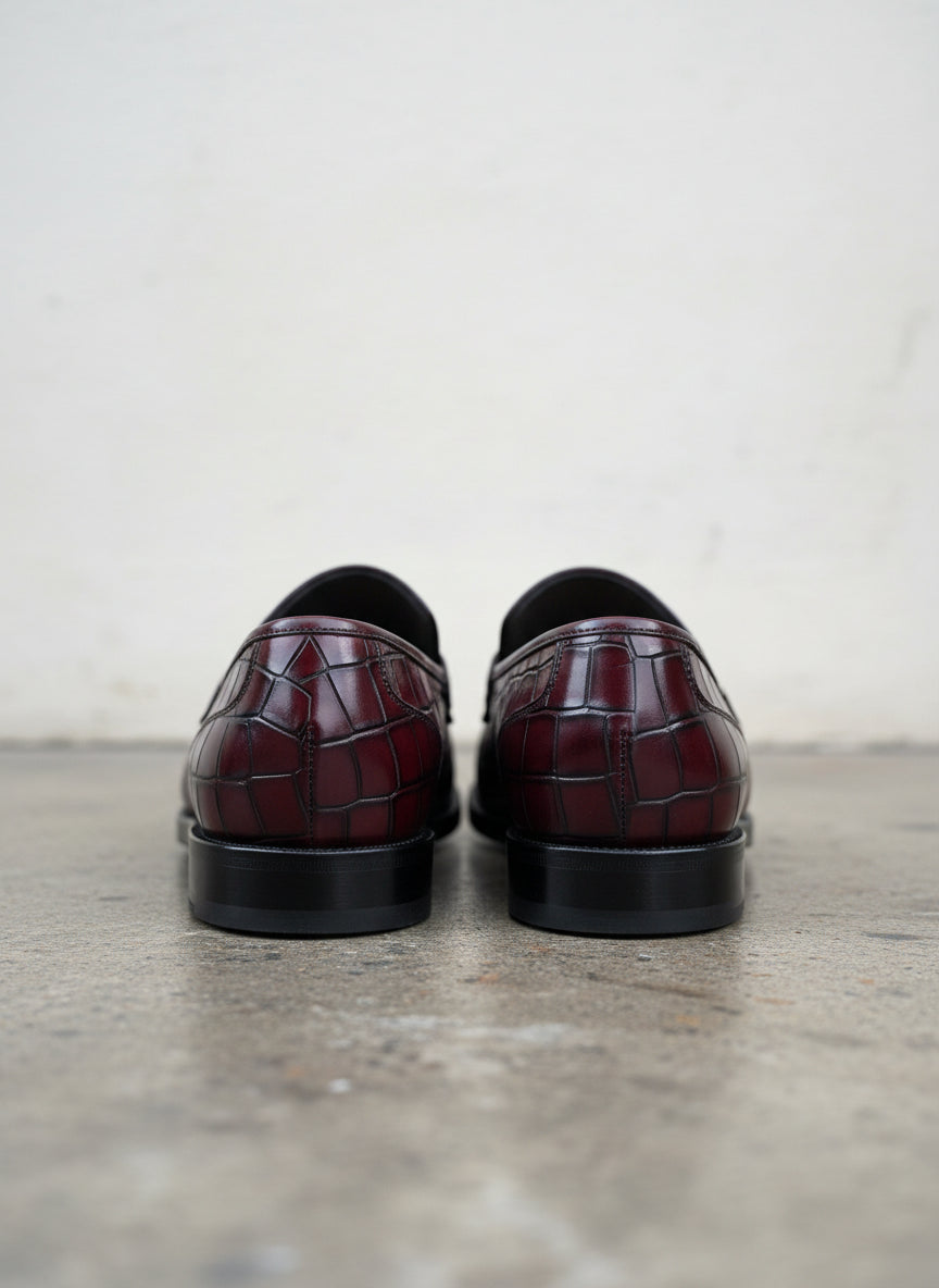 Handmade Mens Alligators shoes, crocodile embossed Leather moccasins - back-view