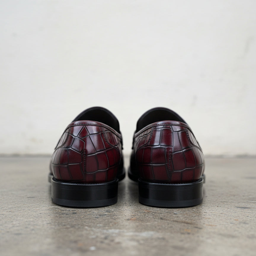 Handmade Mens Alligators shoes, crocodile embossed Leather moccasins - back-view