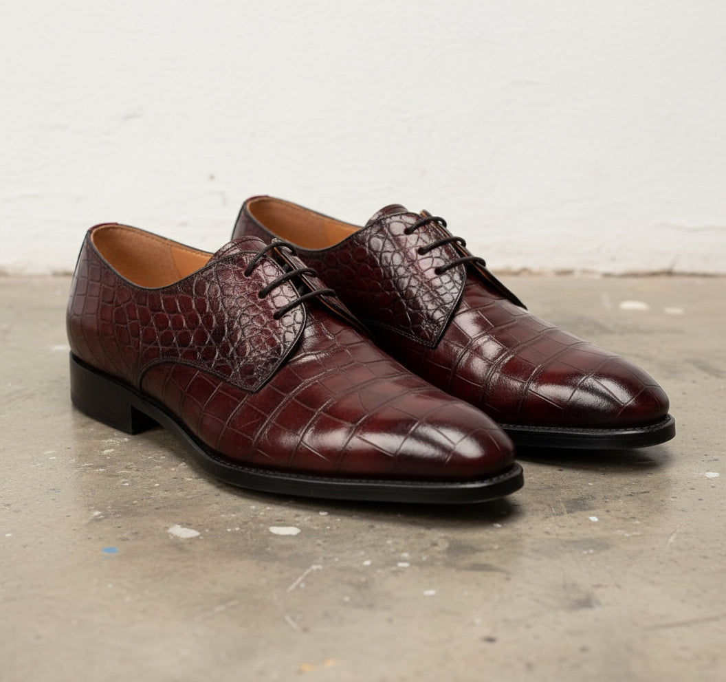Handmade Mens Alligators Shoes, Men Brown crocodile Patterned dress shoes - angle-view-showing-depth